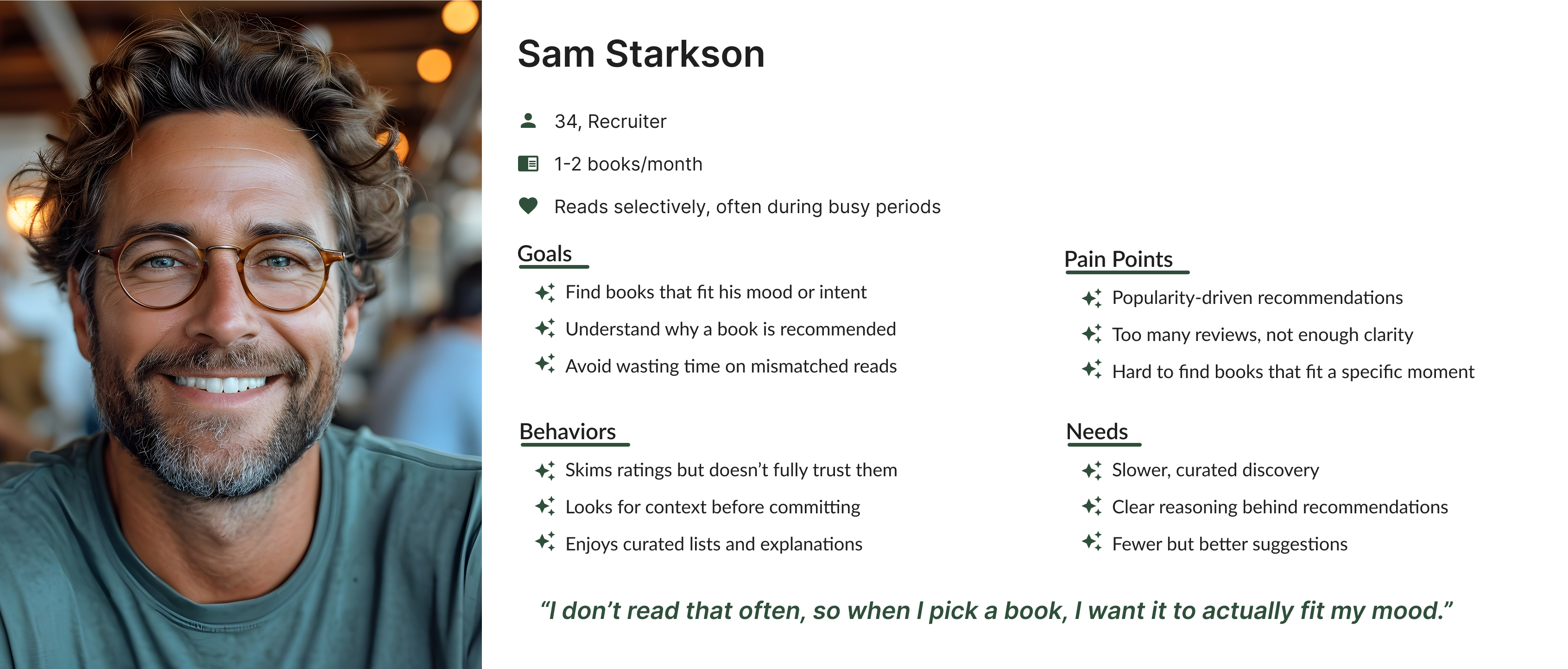 Goodreads redesign user persona for Sam